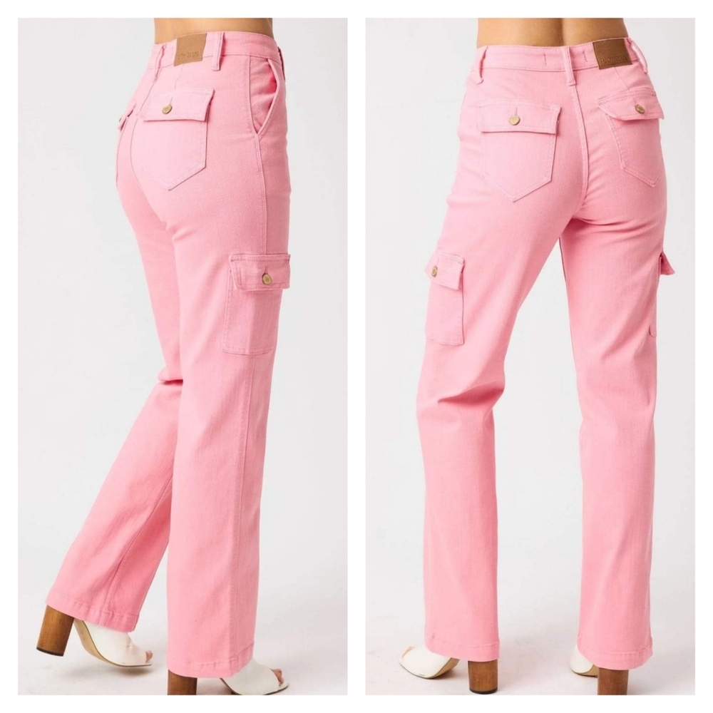 New Judy Blue Pink Garment Dyed Cargo Jeans - Picture 2 of 4